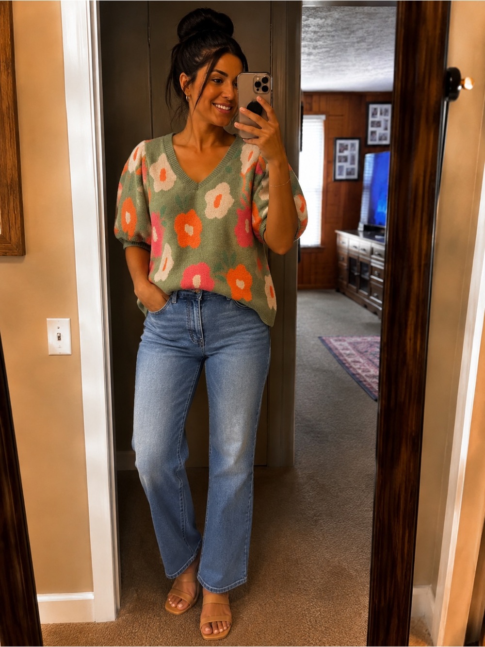 BiBi Olive Floral V-Neck Sweater with Pink & Orange Flowers
